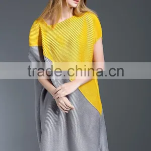 Women Pleat Trendy High Low Hem Design Sloping Shoulder Dress thumbnail-4