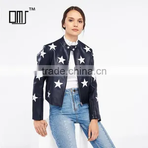 Fashion Contrasting Coloured Stars Cropped Leather Jackets for Women thumbnail-1