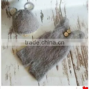 Newborn Mohair Bonnet and Romper Sets Handmade Knitted Overall Handmade Knitted Baby Bear Bonnet Newborn Hoodeed Knit Romper thumbnail-2