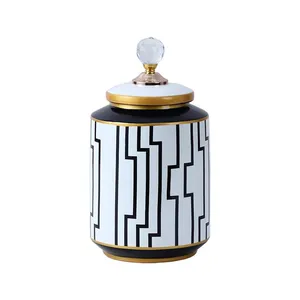 European Simple Style Black Labyrinth Pattern Ceramic Flower Vases With Crystal Lid For Home Decoration thumbnail-1