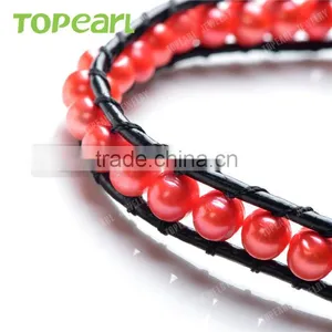 Topearl Jewelry Potato Shape Red Freshwater Pearl Bracelet Woven Leather Wrap Bracelets Cheap Leather Bracelets CLL159 thumbnail-3