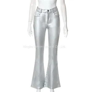 Women Metallic Silver Flare Pant Belted Wide Leg Low Rise Iridescent Flare Jeans thumbnail-3