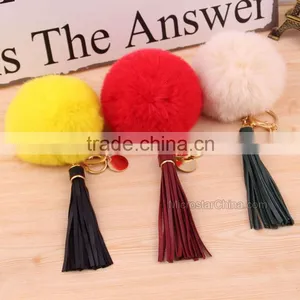 Custom Logo Genuine Leather Tassel Rabbit Fur Key Chain Pom Pom Fur Keychain thumbnail-2