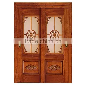 Elegant Internal Sliding Carved Wood Double Door With Glass Inserted BF11-0516b thumbnail-1