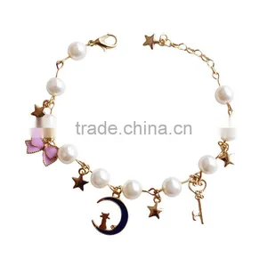 Gold Cat Moon Star Enamel Bowknot Heart Shape Key Charms Bracelet Pearl Bead Linked Bracelet thumbnail-1