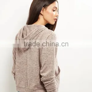 Crop Hoodies Women Simple Long Sleeves Grey Brushed Marl Cropped Top Hoodie thumbnail-3