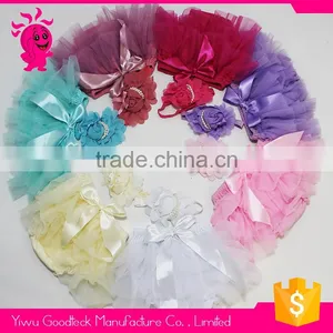 Infant and Toddlers Girls Cotton Tulle Ruffle With Bow Baby Bloomer Diaper Cover and Headband Set thumbnail-1