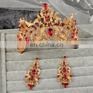 Bulk Indian Bridal Hair Accessories Baroque Red Rhinestone Gold Plated Queen Tiara and Crowns thumbnail-3