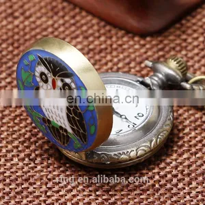 Antique Bronze Owl Pattern Enamel Round Pocket Watches thumbnail-2