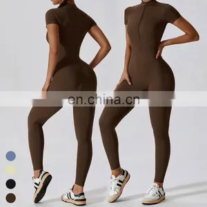 Custom Activewear Quick Dry Breathable Zipper Short Sleeve Leggings Jumpsuit Workout Rompers Jumpsuits Playsuits Bodysuits thumbnail-2