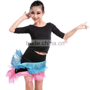 Cheap In-stock High Quality Elegant Children Latin Dance Skirt Long Sleeve + Tassel Kids Latin Dance Dress Wholesale thumbnail-1
