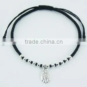 Silver Hand Of Fatima Charm & Spheres In Macrame Bracelet thumbnail-1