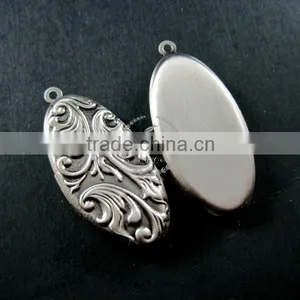 20x40mm Vintage Style Flower Engraved Antiqued Silver Brass Oval Photo Locket Pendant Charm DIY Supplies 1123015 thumbnail-1