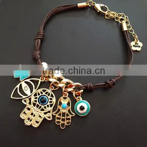 Gold Hamsa Hand Fatima Hand Evil Eye Charms Bracelet Wax Cord Bracelet thumbnail-1