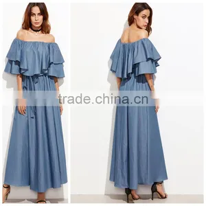 Ladies Ruffled Neck Off The Shoulder Short Sleeve Blue Color Tie Waist Long Maxi Denim Dress thumbnail-1