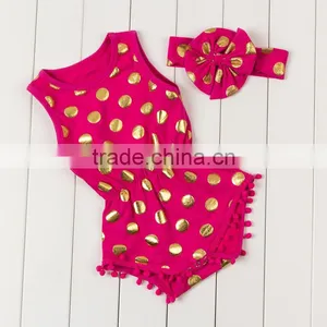 2017 Wholesale Baby Clothing Baby Girl Boutique Romper Fashion Gold Polka Dots Pompom Jumpsuit With Headband thumbnail-5