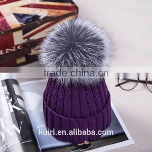 2016 Winter Beanie Real Silver Fox Fur Ball Knitting Hat For Women Black Real Raccoon Fur Ball Skullies thumbnail-1