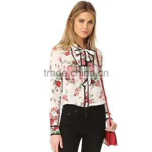 2017 Latest Long Sleeve Spring Fashion Ladies Floral Tie Neck Blouse thumbnail-6