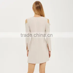 Belted Cold Shoulder Long Sleeve Coat Style Blazer Dress for Women thumbnail-2