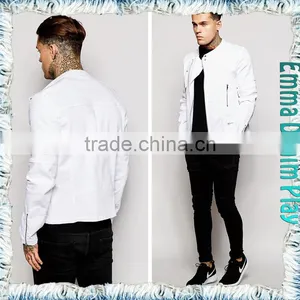 Men's Fashion Pure White Denim Zipper Short Jackets thumbnail-3
