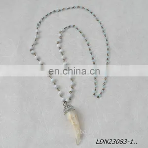 Fabulous Natural Stone Horn Pendant Bohemian Vintage Long Beaded Charm Agate Necklace for Women thumbnail-3