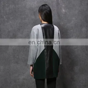 Wool Coat With Leather Patchwork Design for Women thumbnail-5
