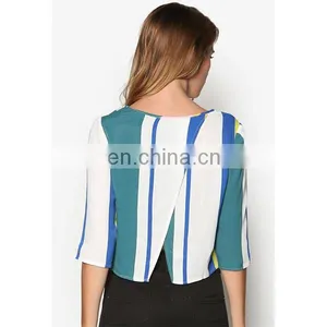 Fashion Design Half Sleeve Stripe Wrap Back Tee Office Elegant Top Woman thumbnail-3