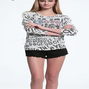 Long Sleeve Printed Word Round Neck Knitted Top Shirt thumbnail-1