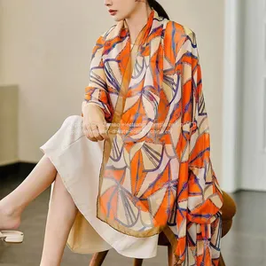 Beach Silk Scaves Moire Sunscreen Scarf Square Scarf Flowers Paintings High Quality thumbnail-2