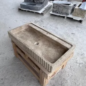 Luxury Unique Natural Yellow Rectangular Shape Travertine Stone Bathroom Marble Vessel Sink Vanity Wash Basin Garden Decor thumbnail-3