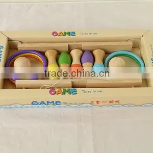 New Fashion Three in One Wooden Toy Ring Toss Bowling Fishing Game thumbnail-1