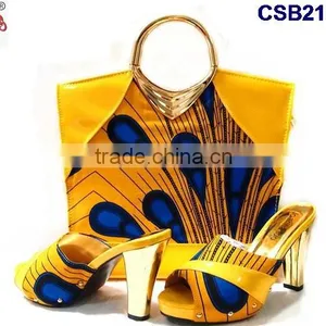 CSB2100 New Coming Hot Sale Fantastic Adorable Design Yellow Red Set High Heel Casual Slippers Shoes Matching Bag Set thumbnail-3