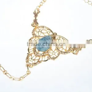 Womens Gold Slave Chain Finger Ring Bangle Hand Harness Bracelet Turquoise Beads thumbnail-3