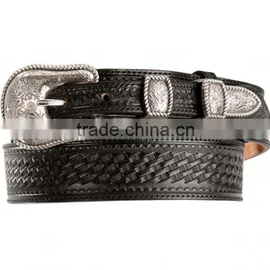 Western Men Rodeo Style Cowhide Leather Ranger Basketweave Emboss Leather Belts Wholesale thumbnail-1