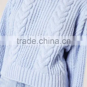 MGOO Women Plain Blue Cable Knit Slouchy Jumper With Drop Shouder Crop Knitwear Sweater thumbnail-5