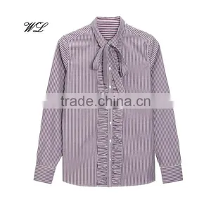 Wholesale 2017 Custom Ladies Fashion Frill Blouse Stripes Relaxed Ruffle Shirts thumbnail-1