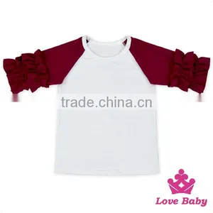 High Quality Raglan Sleeve Soft Cotton White Tops Fabric With Ruffle Green Sleeves Kids Girls Clothing thumbnail-3