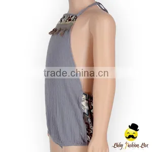 Harem Style Breathable Cotton Gray Color Halter Sleeveless Fringe Infant Newborn Baby Boy Vintage Romper Grows Bodysuit thumbnail-1