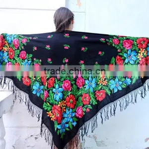 Vintage Ukrainian Shawl,Russian Shawl, Wool Shawl, Tablecloth, Floral Shawl ,Scarf With Tassels, Floral Scarf, Babushka thumbnail-4