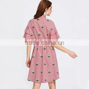 RED Flower Embroiedered and Ruffled Shoulder Women Cute Short Dress thumbnail-2