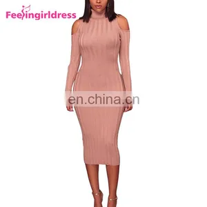 Women Sexy Cold Shoulder Knitting Sweater Long Sleeve Bodycon Party Mini Dress thumbnail-2