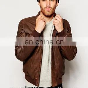New 2014 Men Leather Jacket / Genuine Leather Jacket / Sheepskin Leather Bomber Jacket Dark Brown thumbnail-1