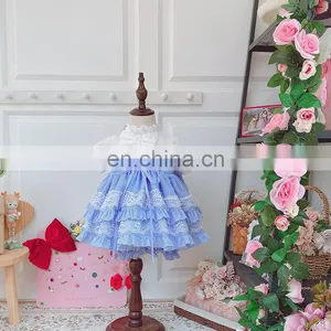 Summer Spain Girls Blue Sweet Princess Dress Puff Sleeve Dress Kids Dresses for Girls Kids Party Wedding Quality Dress Panty thumbnail-2