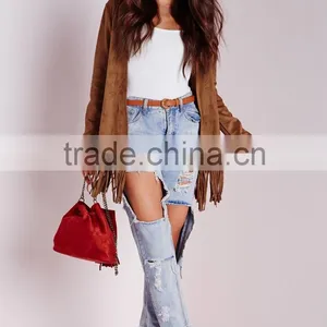 2015 Women Winter Long Sleeve Faux Suede Jacket With Fringe Hem thumbnail-4