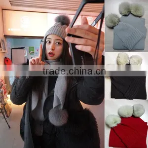 2016 Winter Newest High Quality Knitted 100% Real Racoon Fur Pompom Hat and Scarf Set thumbnail-1