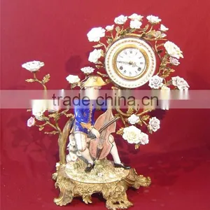 Ancient Collectable Antique Brass and Ceramic Table Clock, Decorative Lady Dancing Under Flower Tree Desk Clock thumbnail-2