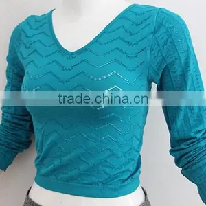 V-neck Ladies Seamless Long Sleeve Shirt With Hollow Out Wave Style Hole thumbnail-2
