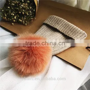 Real Fur Pompom Winter Hats For Women Cashmere Wool Knit Beanie Cap Turkey Fur Pom Bobble Hat 2016 thumbnail-6