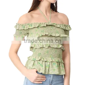 2017 OEM Femme Halter Ties Dainty Floral Elastic Ruffles Frill Blouse thumbnail-3