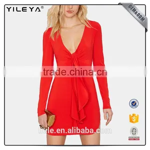 Muticolors Solid Deep v Women Red Sexy Dress With Cut on Leg thumbnail-1